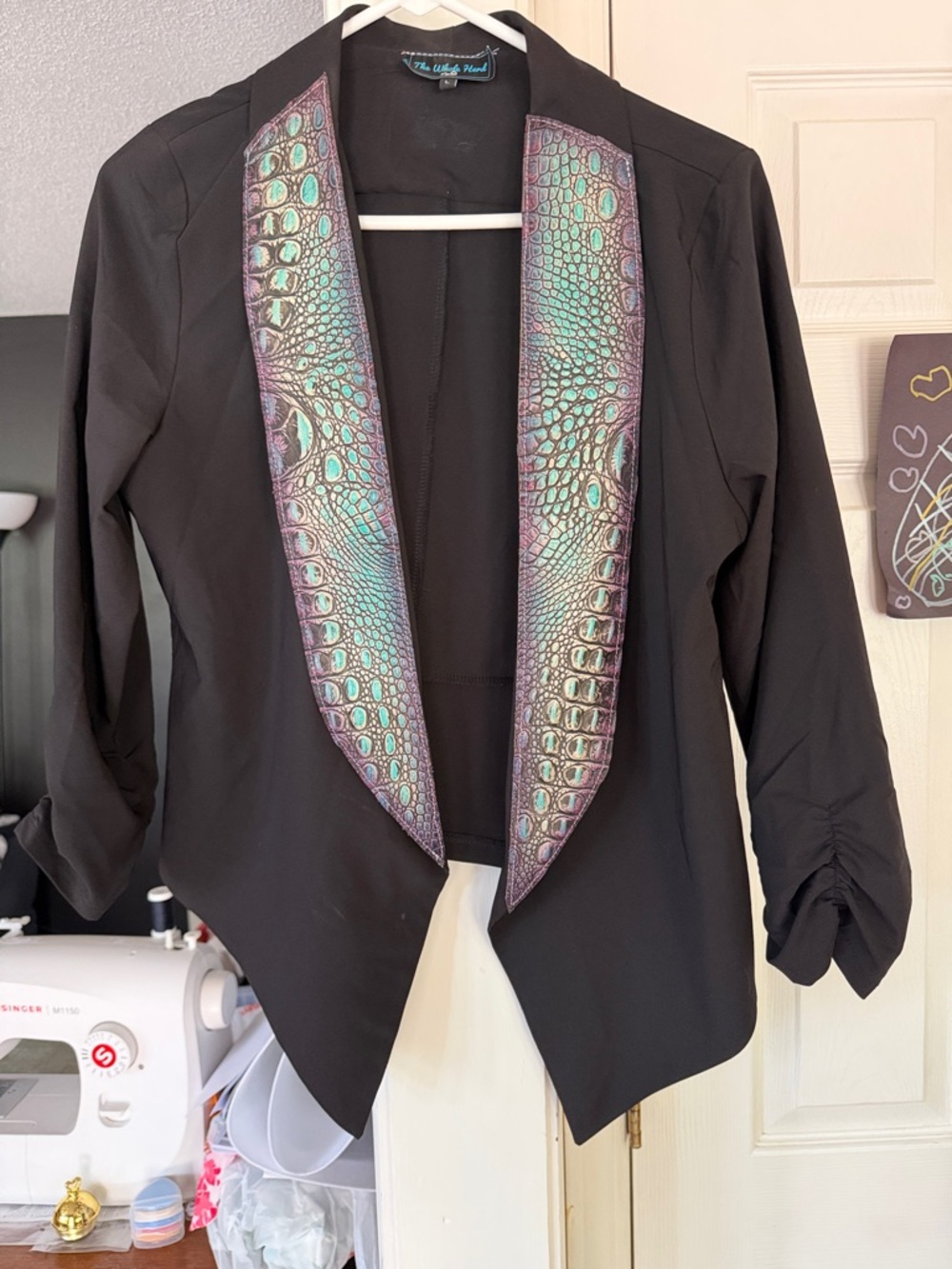 Black Open-Front Blazer with Iridescent Croc-Print Trim